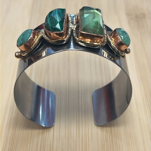 Handmade Silver Tone Adjustable Wide Cuff Bracelet Green Gemstone Embellished - Picture 8 of 16